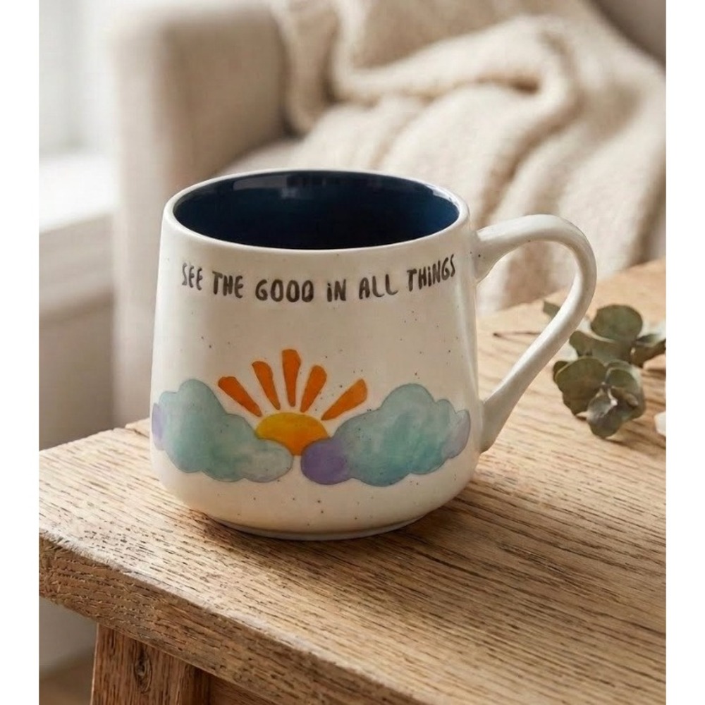 Good Day See The Good In All Things Speckled Ceramic Coffee Mug Sun Clouds Navy‎
